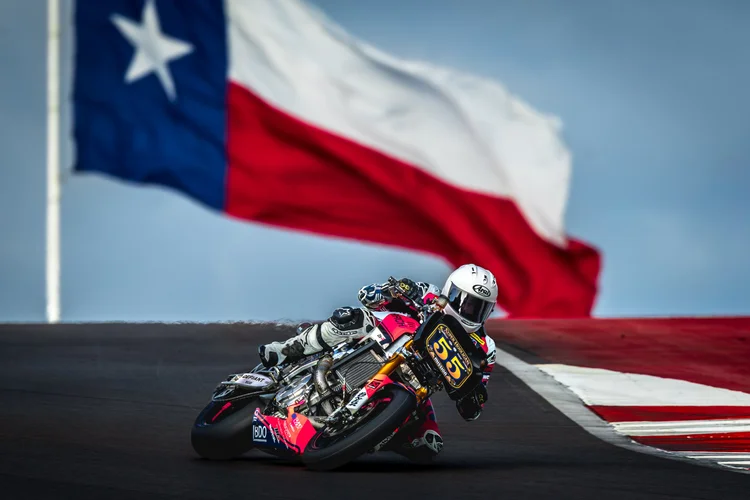 Gillim and the J&P Cycles/Motul/Vance & Hines Factory Indian Motorcycle Racing team celebrating the 2026 King of the Baggers championship at COTA