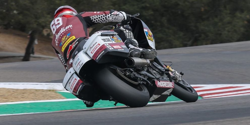 Hayden Gillim aboard the #69 J&P Cycles/Motul/Vance & Hines Factory Indian at Mid-Ohio Sports Car Course during King of the Baggers qualifying