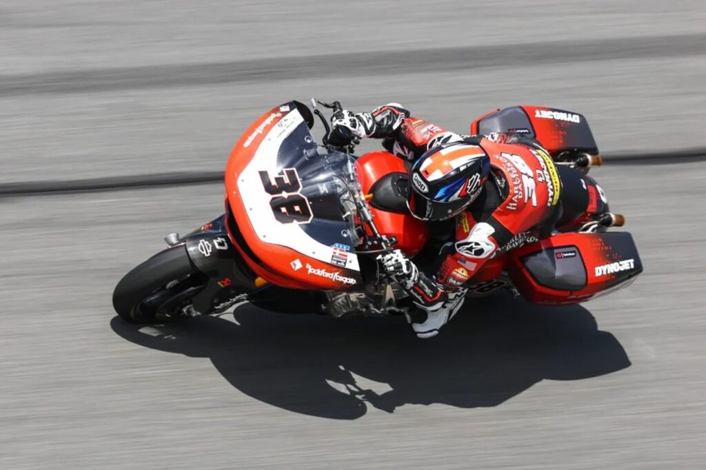 Kyle Wyman on the factory Harley-Davidson Road Glide during a 2026 MotoAmerica King of the Baggers race