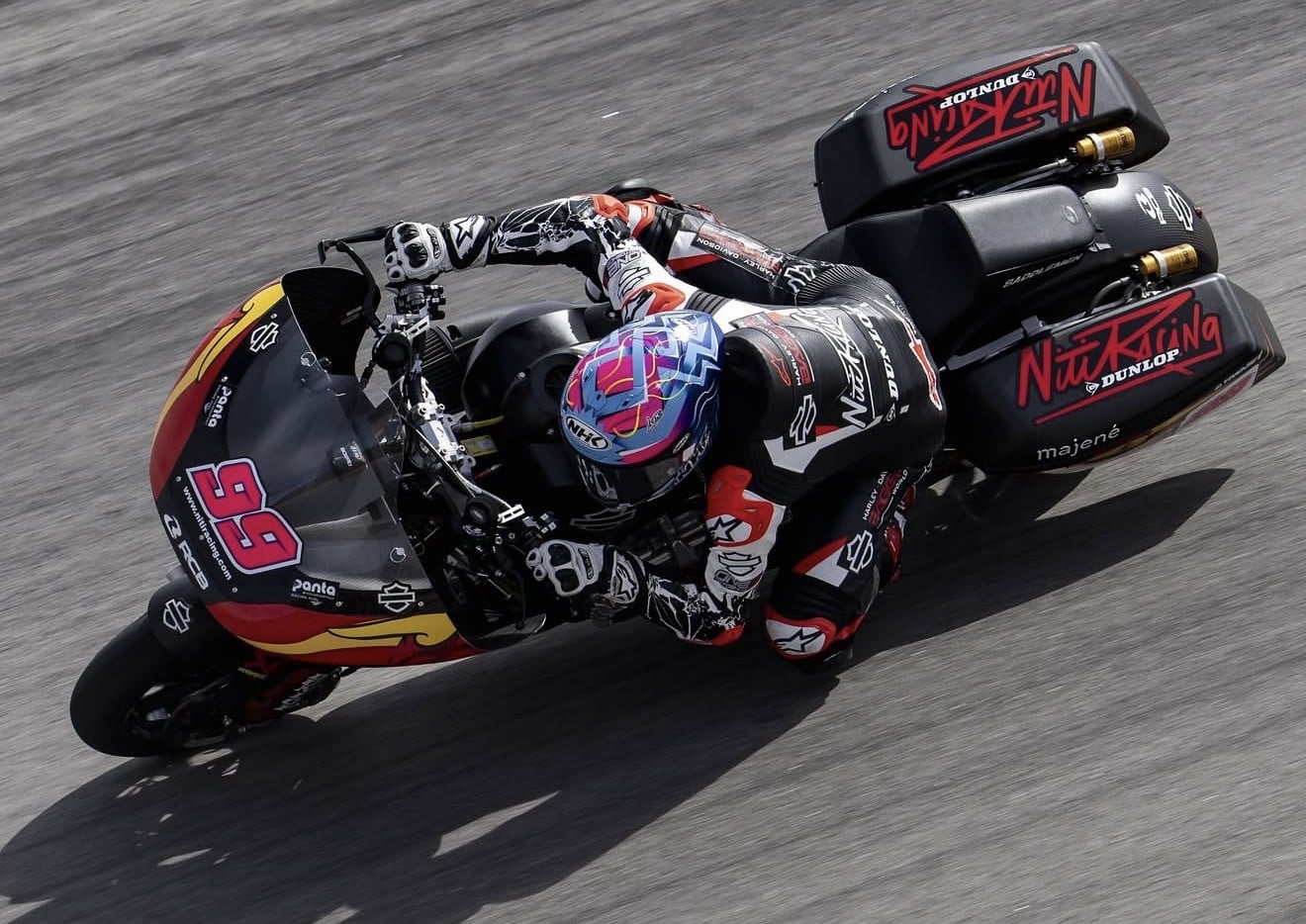 Oscar Gutierrez (#99) on his Niti Racing Harley-Davidson at MotorLand Aragón during FP2 of the Bagger World Cup