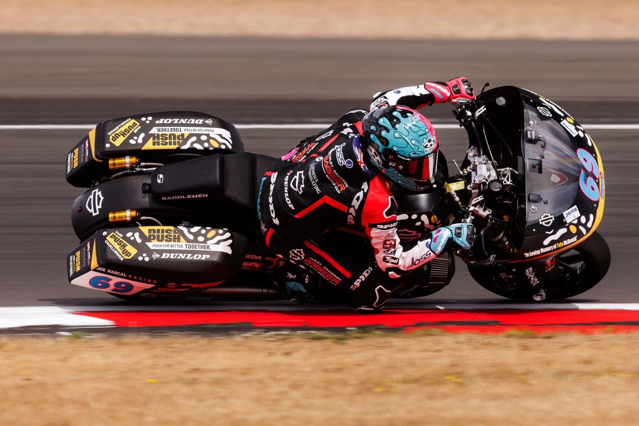Bradley Smith (38) on his ParkinGO Team Harley-Davidson Road Glide at Silverstone Circuit, Race 1 winner
