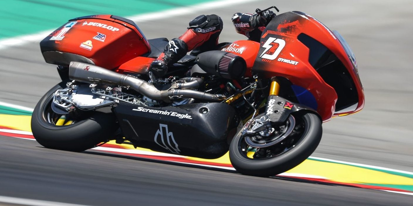 Kyle Wyman #1 Harley-Davidson x Dynojet Factory Racing bagger at WeatherTech Raceway Laguna Seca warmup session